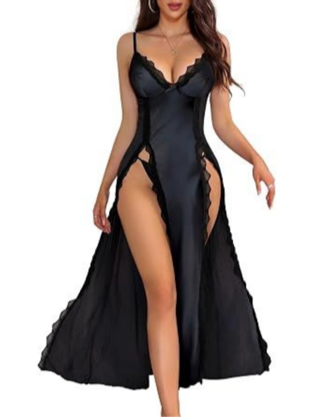 Women Satin Nightgown and Thong Set Lace Trim V Neck Slip Dress Adjustable Strap
